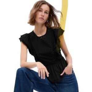 NWT GAP Organic Cotton Vintage Lace Flutter Sleeve Peplum Top BLACK XS